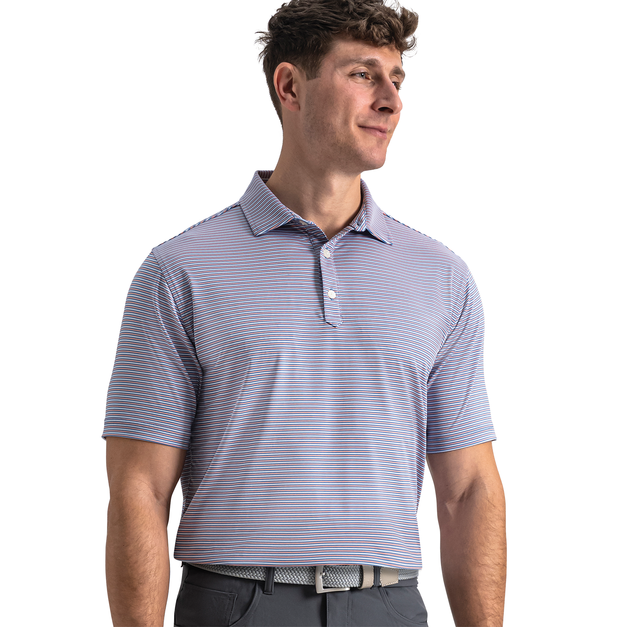 FootJoy Men's Smooth Stripe TourLisle Shirt Riviera Blue/White/Peach - Size: 2XL