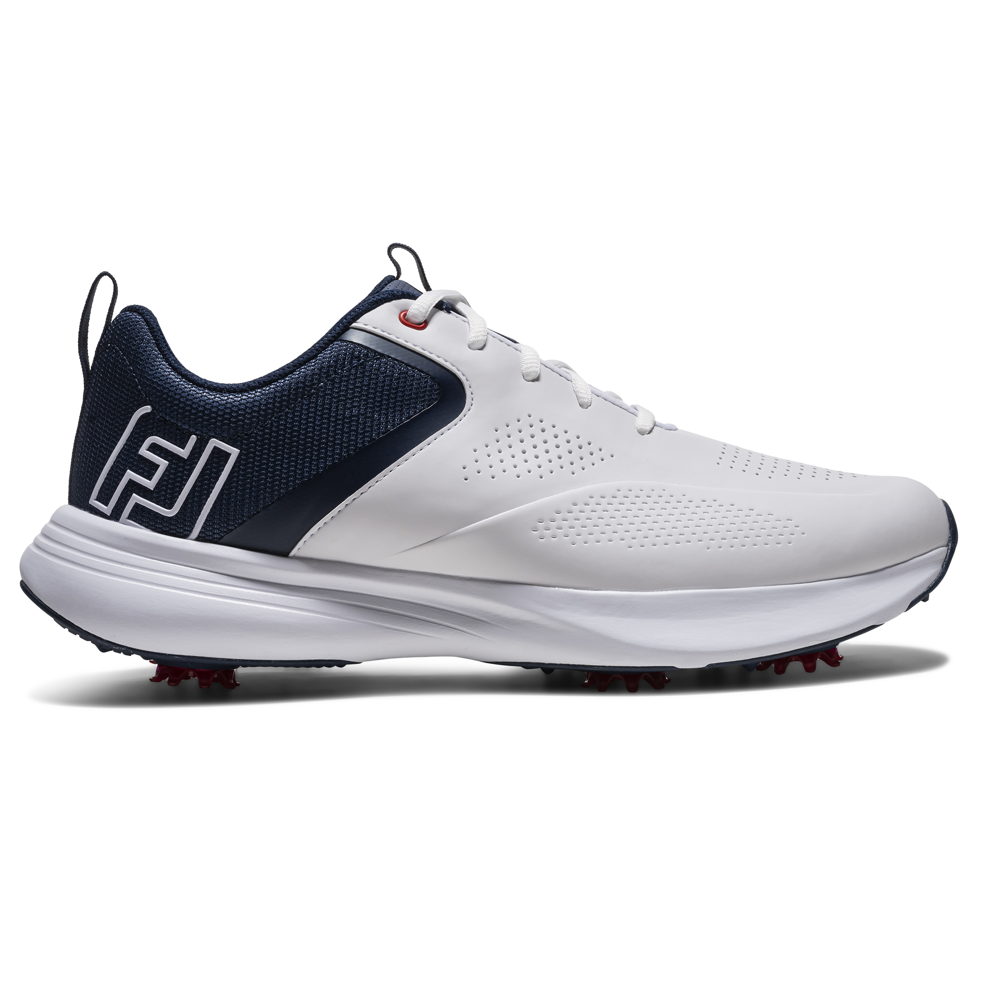 FootJoy Men's Qualifier Cleated Golf Shoes, Size 11.5, White/Pageant Blue/High Risk Red