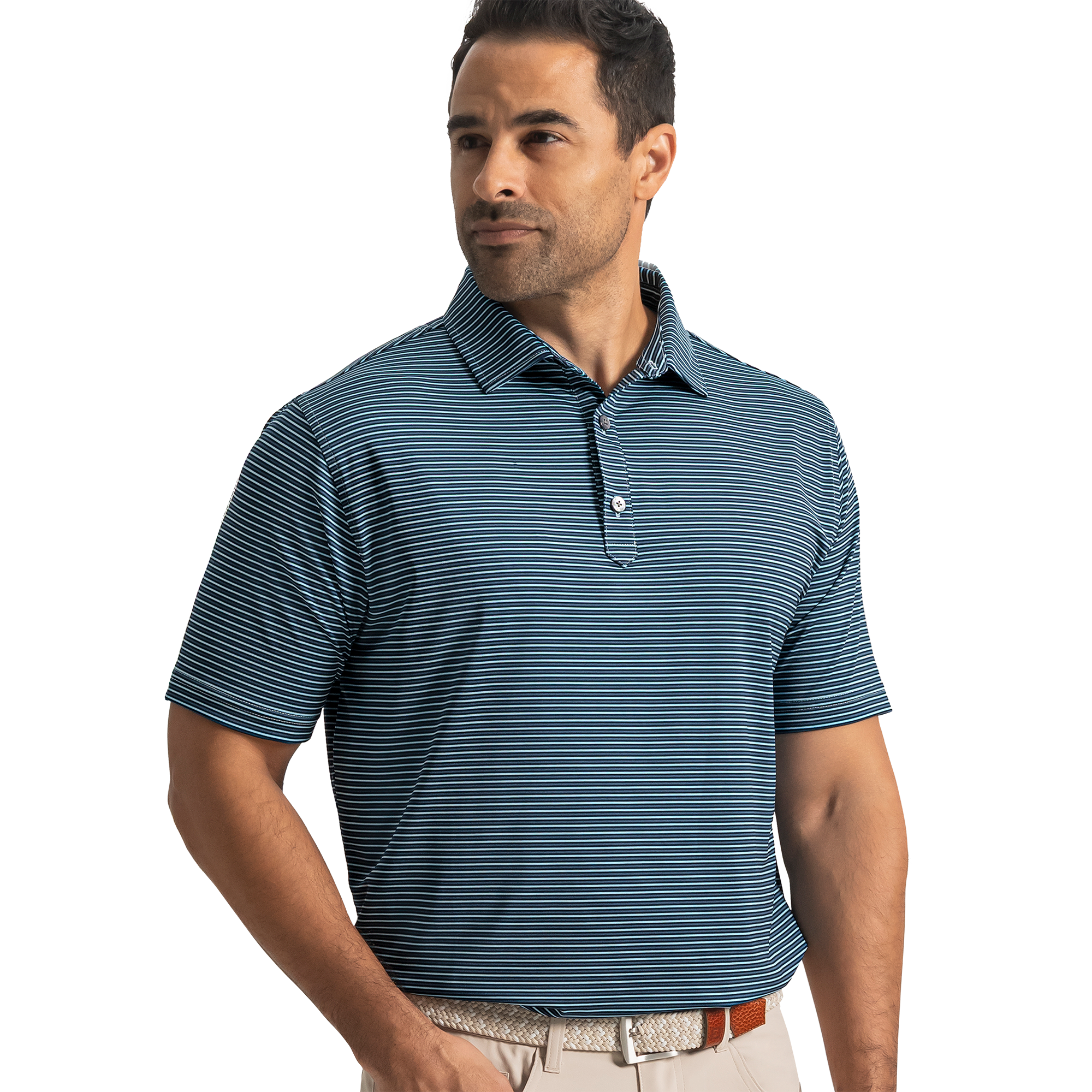 FootJoy Men's Smooth Stripe TourLisle Shirt Navy/Tonal Navy/Light Blue - Size: Medium